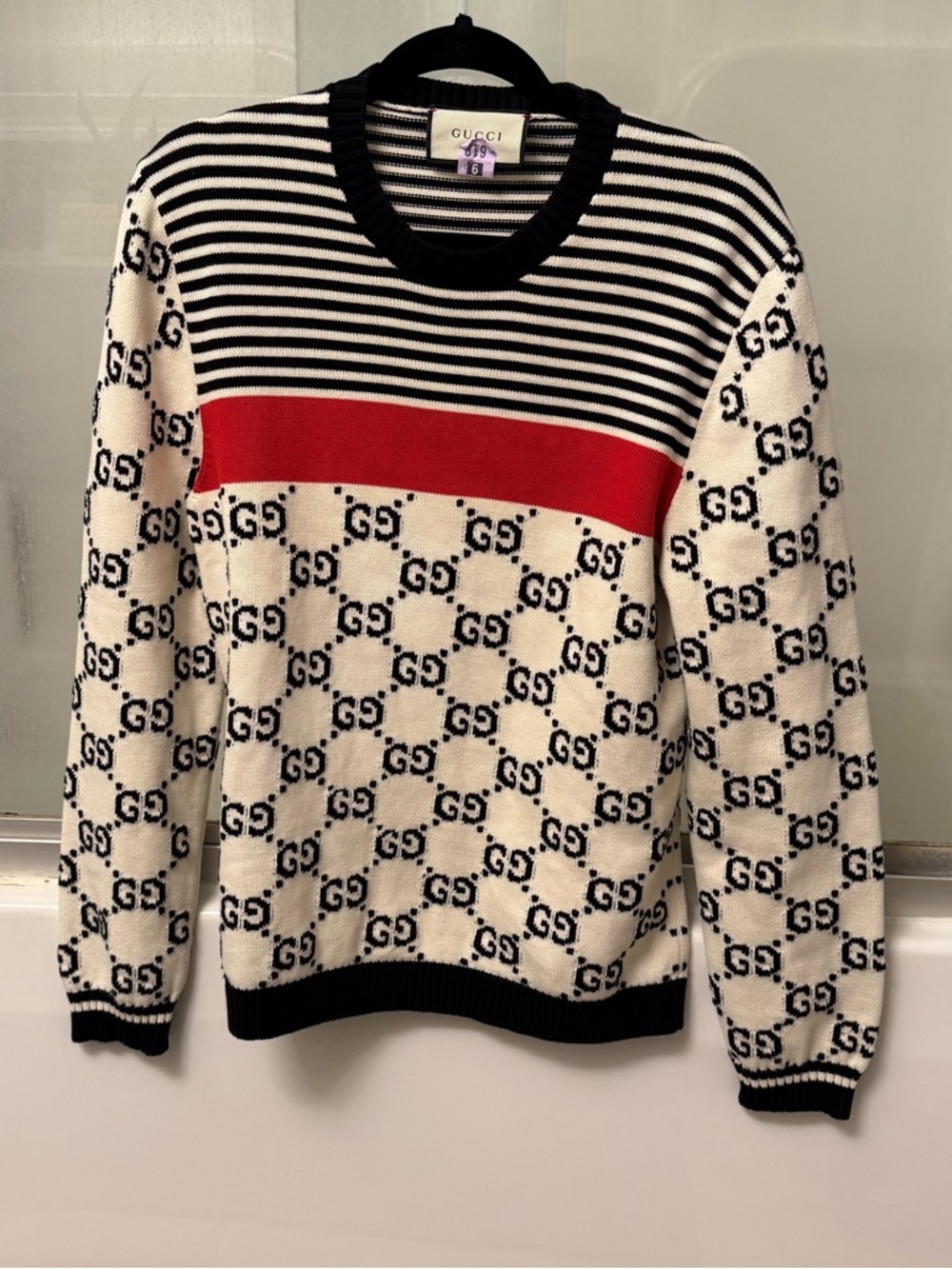 Gucci Black & White Knit Sweater with Red Chest Stripe